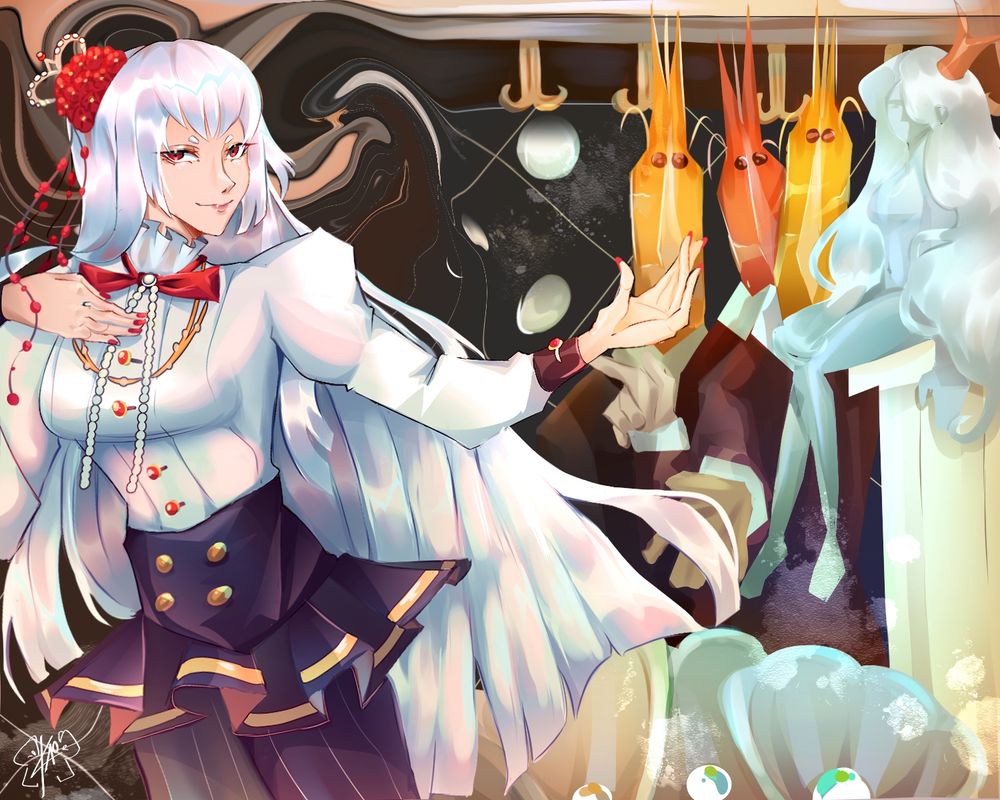 oc illustration of my character Beatriz with a bunch of shrimp