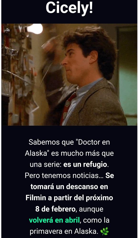 Sabemos que "Doctor en Alaska" es mucho más que una serie: es un refugio. Pero tenemos noticias... Se tomará un descanso en Filmin a partir del próximo 8 de febrero, aunque volverá en abril, como la primavera en Alaska. 