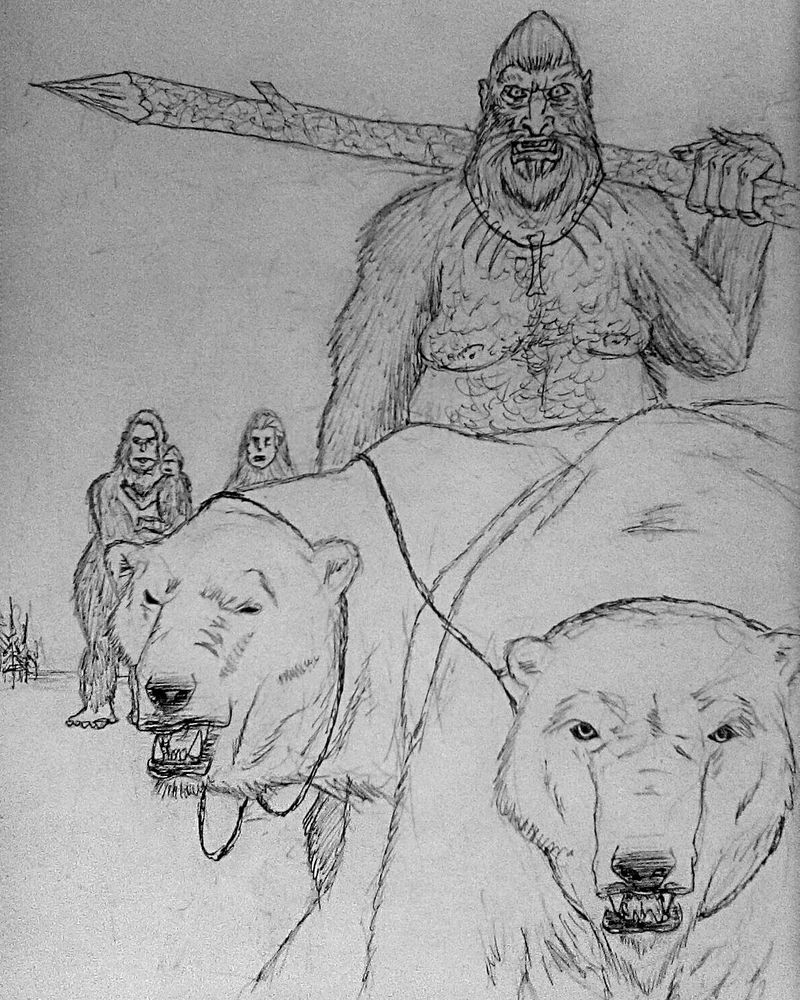 A bigfoot with a bone necklace, a thin tree sharpened to a spear over his shoulder and a bear of polar bears on leashes. Two females a baby one and sone trees in the background.