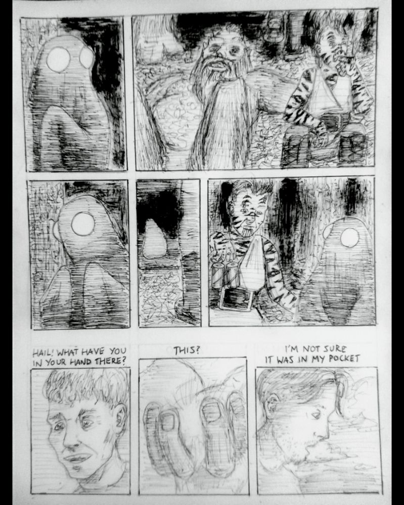 Recently finished page from my W.I.P where Thrud, one of a band of tattooed Amazonian dirtbike criminal Eldritch cultists called the Hags, brings a demure sheet-ghost like cryptid with bulbous glowing eyes a six pack while the other Hags cavort with bigfoots