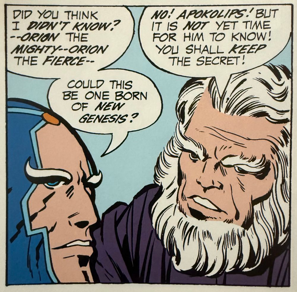 Metron speaking with the high father, saying he knows that Orion is actually born on Apokolips. 