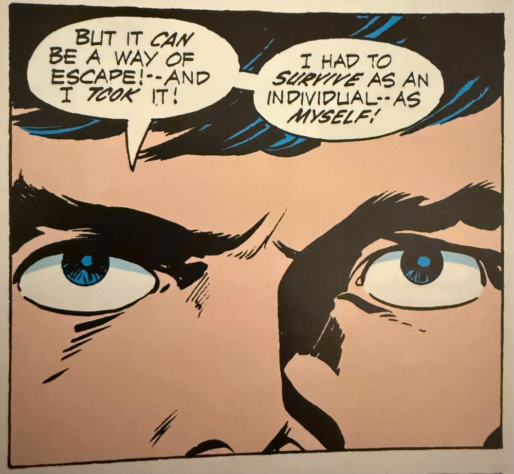 A close up of Scott Free’s eyes saying “but it can be a way of escape! — And I took it! I had to survive as an individual— as myself”