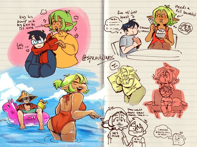 a page full of cute moments featuring my original characters Dave and Melora, from my comic Isekai In-Laws! 