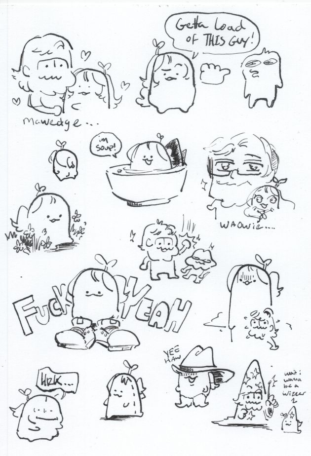 various ink drawings of me and my partner david as funny little creatures! 