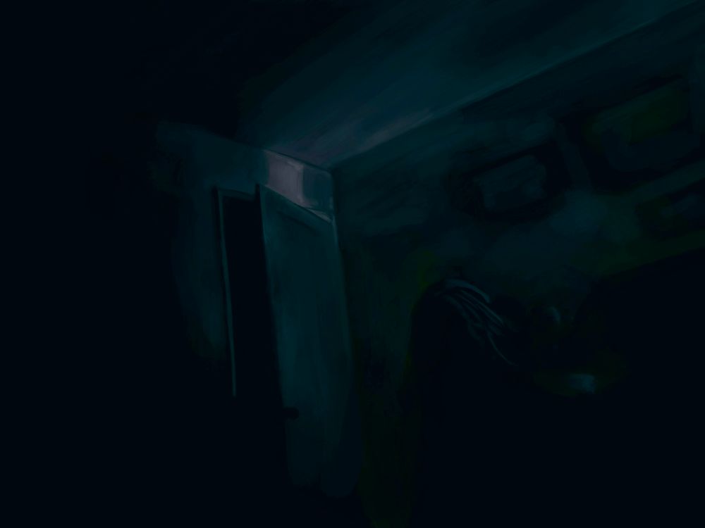 A monochromatic painting of a bedroom at night, with blue light spilling in. The light shines onto a slightly opened door
