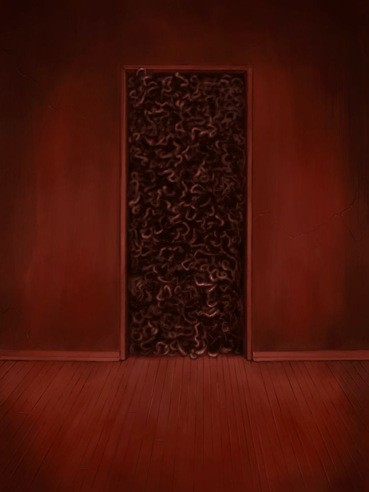 Hardwood floor, bare wall, and a doorway in the center. The room is bathed in red and rust colored tones. Inside the open doorway is a writhing mass of what looks like intestines or ground beef