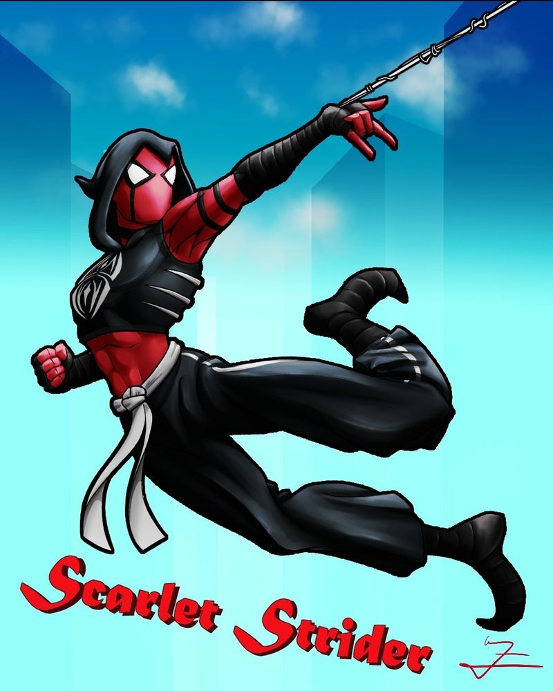 Spider-man fan character. A "spider Sona". Much like the traditional Spiderman he sports a ret body suit, but wears loose black pants, a black cropped sleevless hoodie, with a whit spider on the chest, and rub like tribes on the side with a white sash like belt to tie it together. His arms are wrapped in black wraps and his boots are curled at the toe. He has black markings around his eyes that continue down the sides of his cheeks. He is swinging around a building shooting a web. His name is the Scarlet Strider.