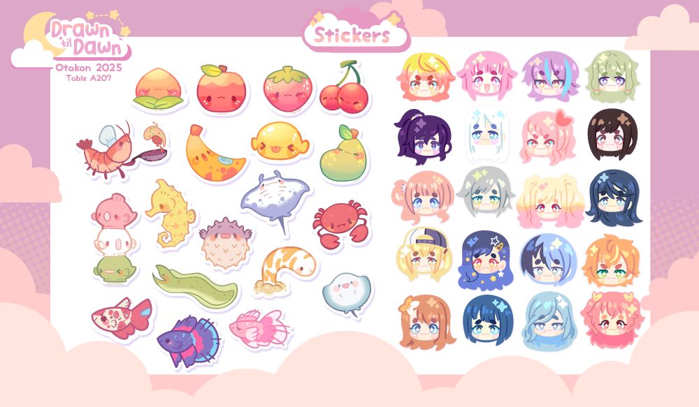 An artist catalog for Otakon 2025. This page displays stickers that will be available.