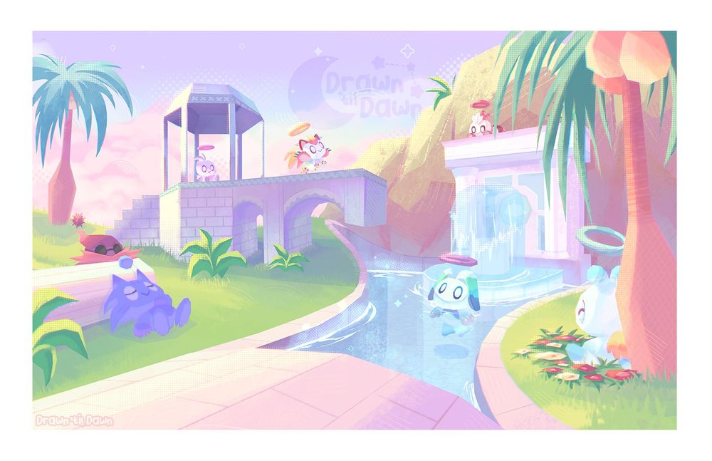 An Illustration of the hero chao garden from Sonic Adventure 2, done in a textural and experimental digital painting. 