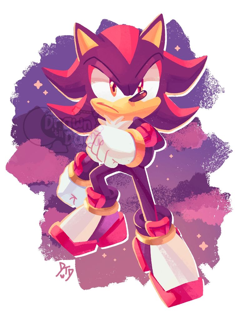 A bright and textural illustration of Shadow the Hedgehog with a painterly night sky silhouette background. The art has lots of purples, reds, magenta colors. 