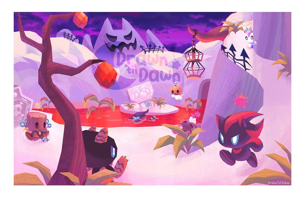 An Illustration of the dark chao garden from Sonic Adventure 2, done in a textural and experimental digital painting. 