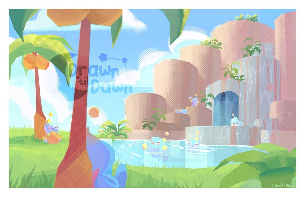 An Illustration of the neutral chao garden from Sonic Adventure 2, done in a textural and experimental digital painting. 