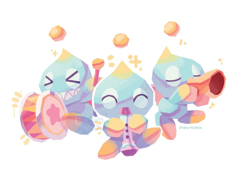 A quick and rough painting of 3 Chao with lots of vibrant colors and brush textures. The first Chao is excitedly beating on a drum, the middle Chao is happily playing its flute, and the third Chao is very content while playing the trumpet.