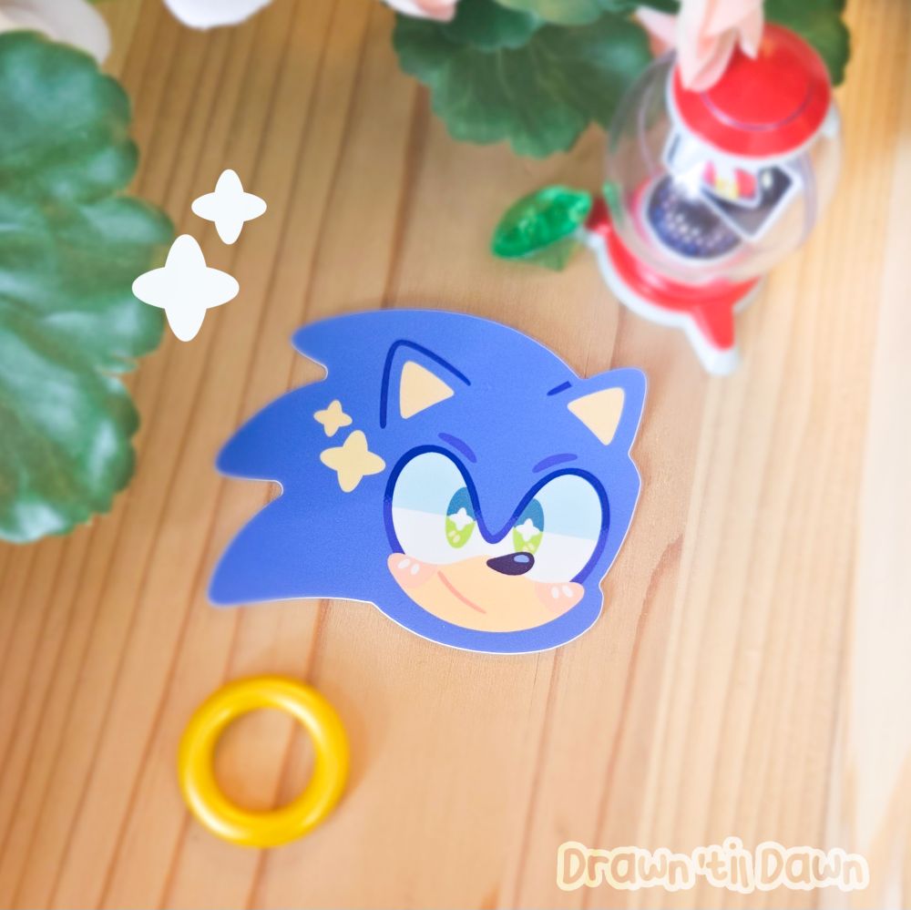 A photo of a Sonic vinyl decal resting on a wooden surface surrounded by green leaves, a ring, a green emerald. and an item bubble from Sonic Adventure.