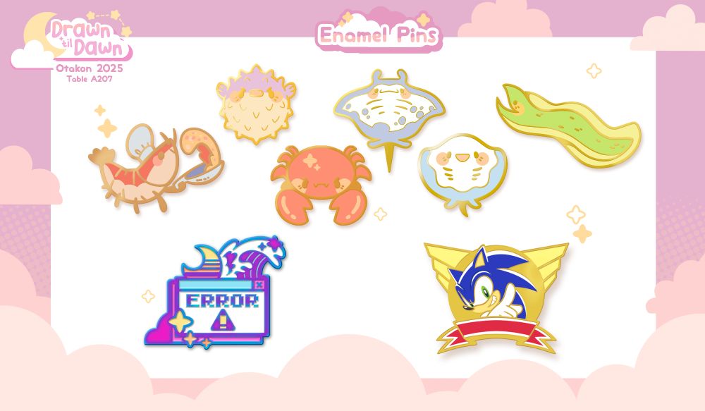 An artist catalog for Otakon 2025. This page displays various enamel pins for sale.