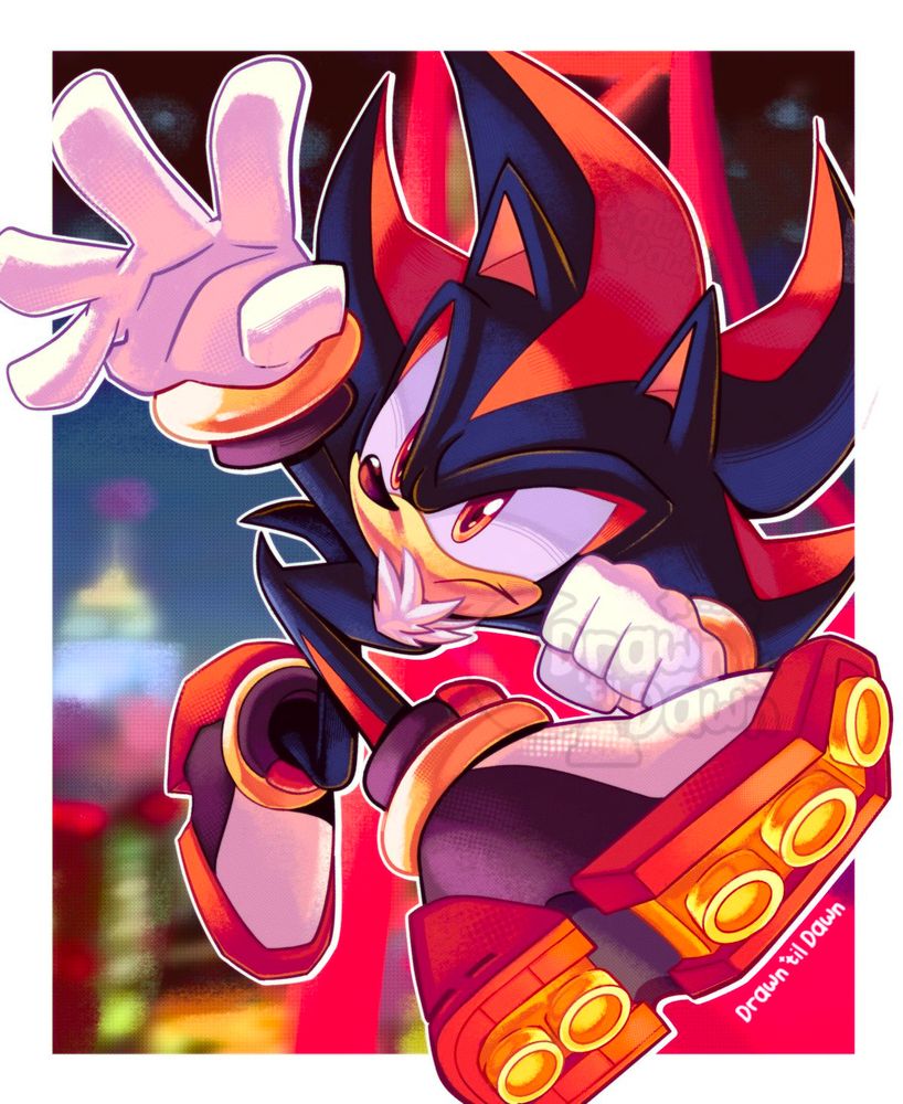 An Illustration of Shadow the Hedgehog with a Radical Highway background.