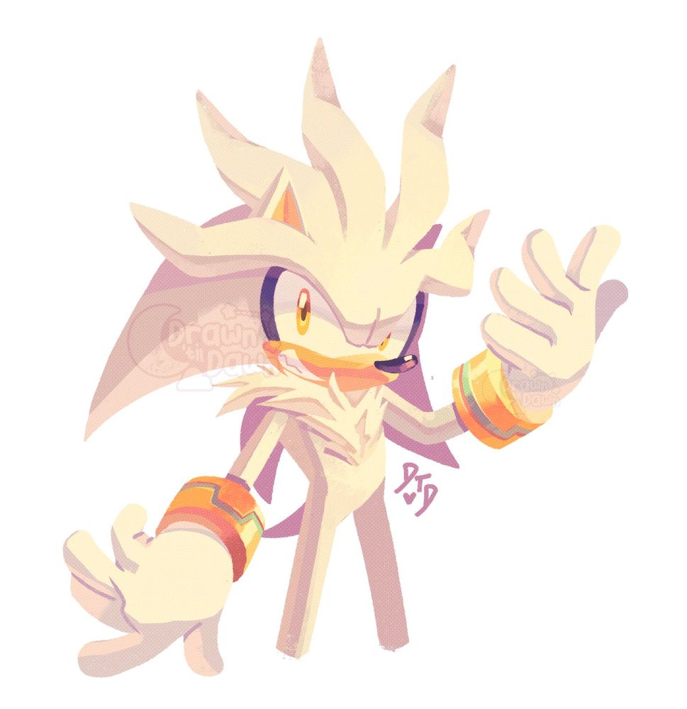 An experimental drawing of Silver The Hedgehog. It's done using heavily textured brushes and a warm lavender based palette. He's smiling a toothy grin with one hand up and the other swung down to his side. 