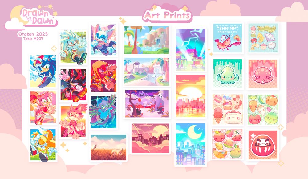 An artist catalog for Otakon 2025. This page displays various prints available for purchase.