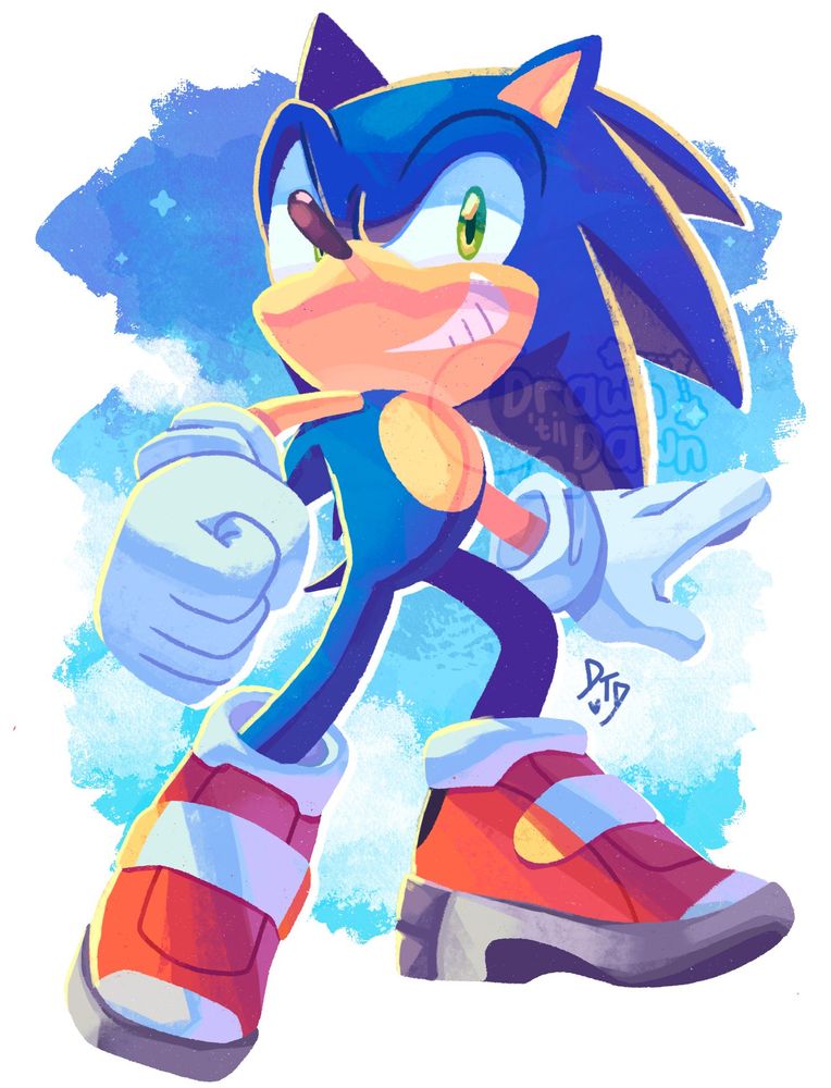 A bright and vividly colored digital painting of Sonic The Hedgehog with SOAP shoes. There's various painterly textures used, with a messy brush stroke silhouette background of a deep blue sky with fluffy clouds and sparkle shaped stars.