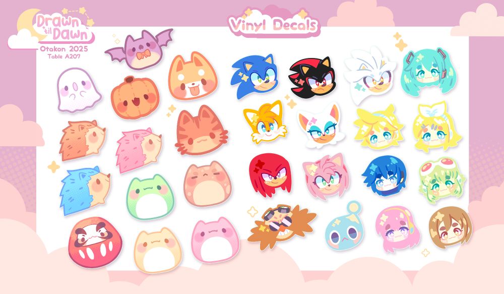 An artist catalog for Otakon 2025. This page displays vinyl decals.