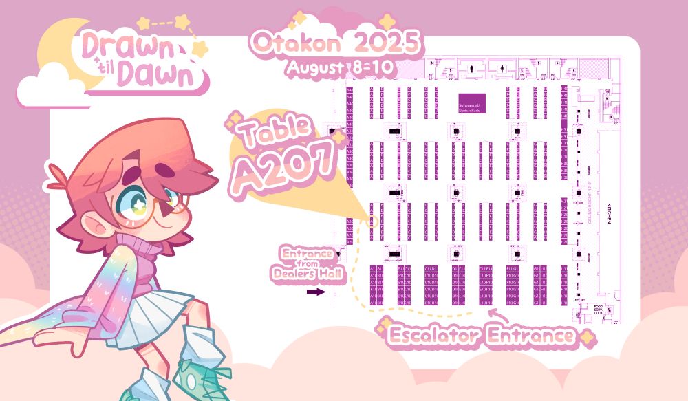 An artist catalog for Otakon 2025. This page displays a map of the artist alley indicating table A207.
