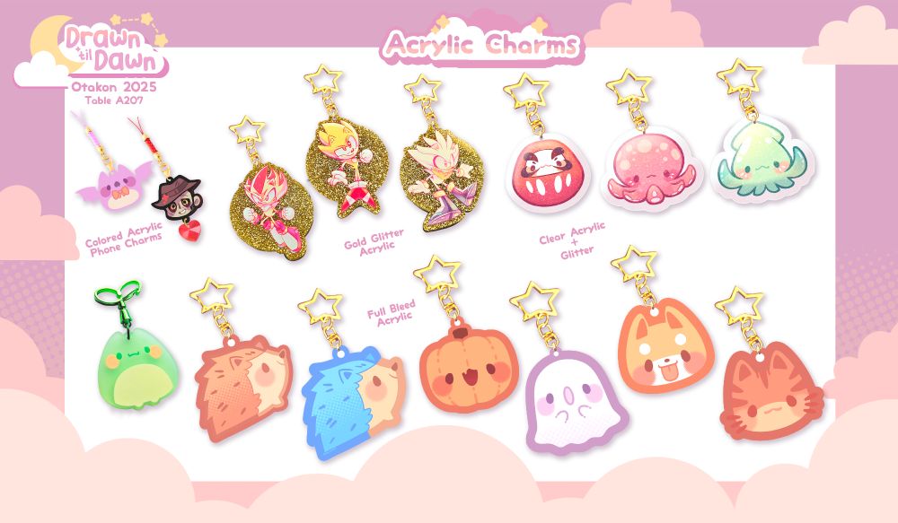 An artist catalog for Otakon 2025. This page displays available keychains and phone charms.