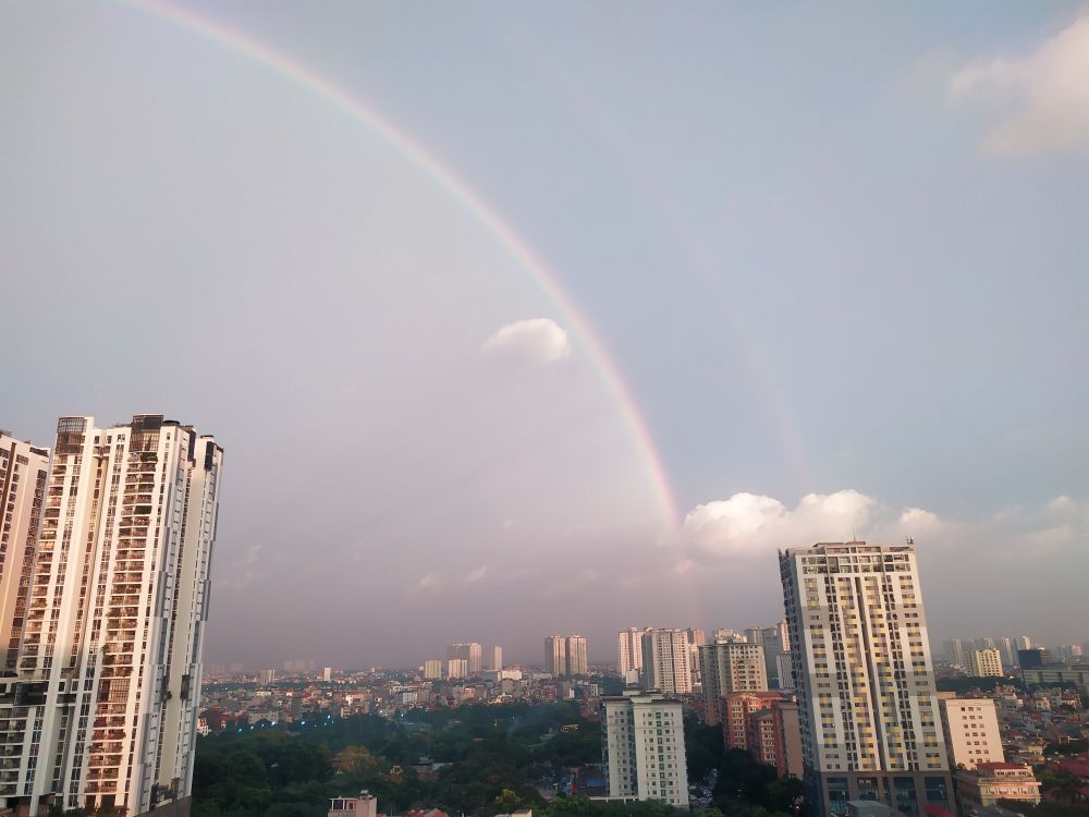 City view with a rainbow