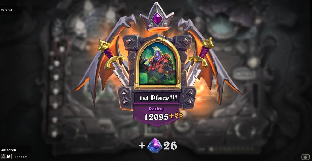 Hearthstone battlegrounds end game screen showing 12095 rating