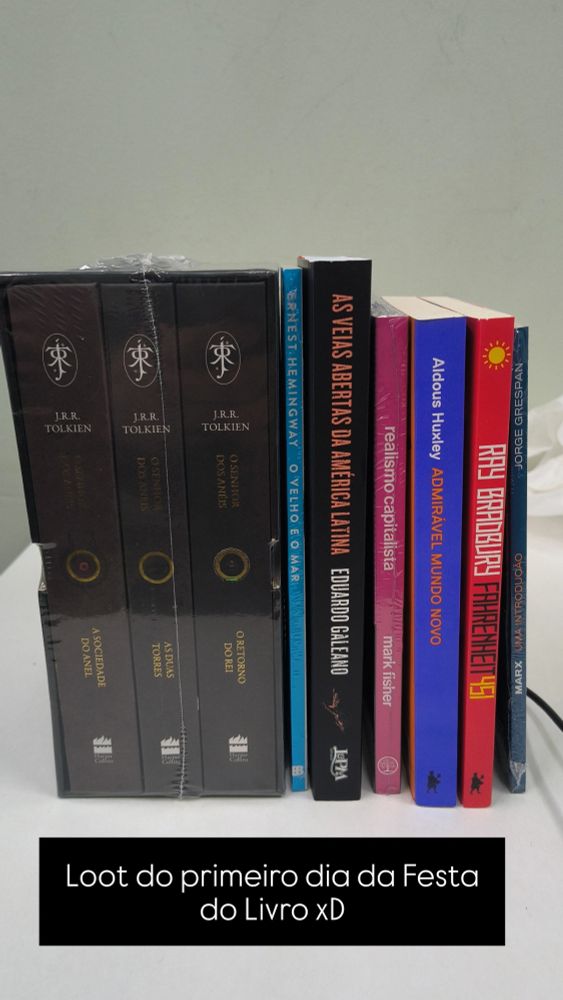 Foto dos livros "box O Senhor dos Anéis", " O Velho e o Mar", "as veias abertas da América Latina", "Realismo Capitalista", "Admirável Mundo Novo", "Fahrenheit 451", e "Marx: Uma Introdução"