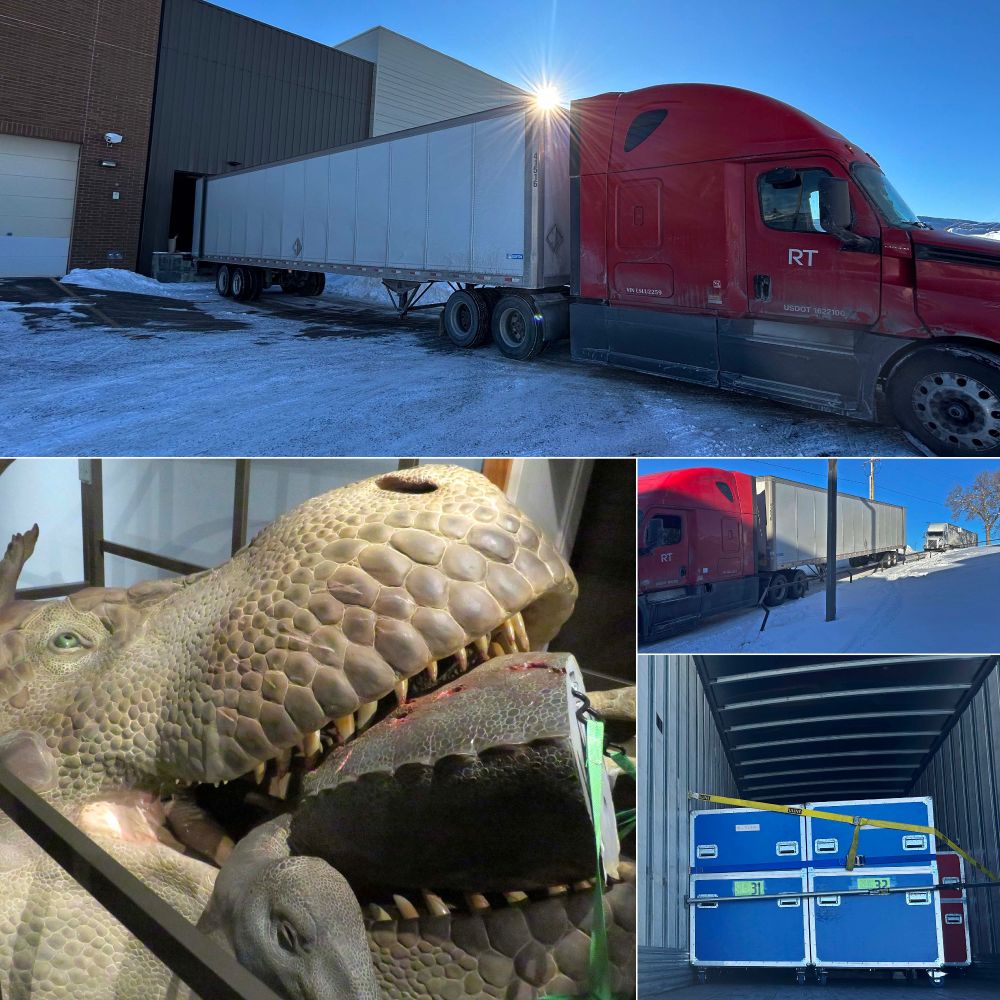Collage image of semi trucks being unloaded with SUE T. rex exhibit features.