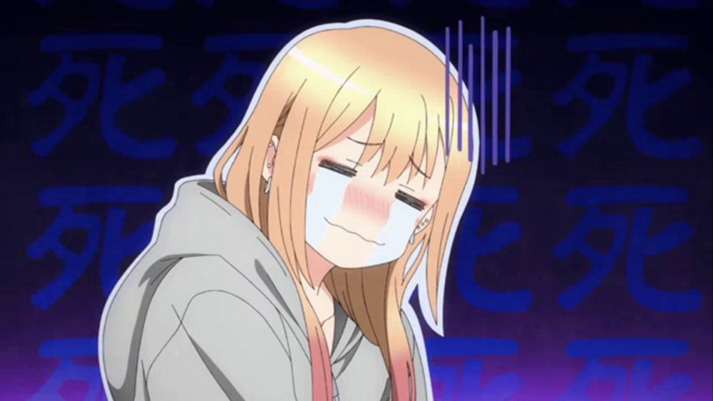 a girl with blonde hair is crying in front of a background with chinese characters