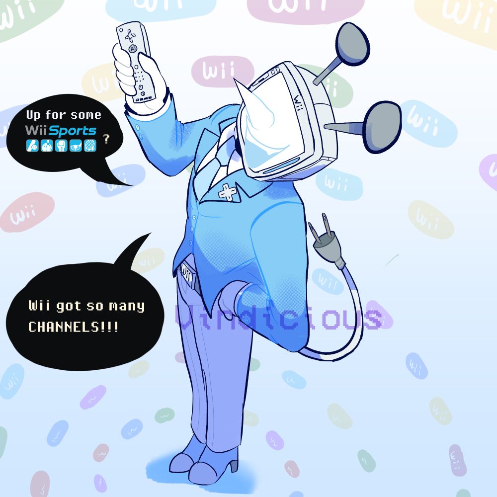 Tenna in a light blue suit with white pants and Wii tv head and a plug tail looking up at the camera saying "Up for some WII SPORTS?" "Wii got so many CHANNELS!!!!"