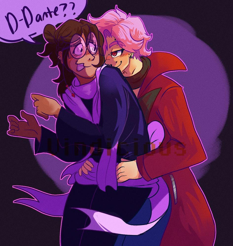 Malikas holding Lucius by the waist. Lucius is looking back saying "D-Dante??"