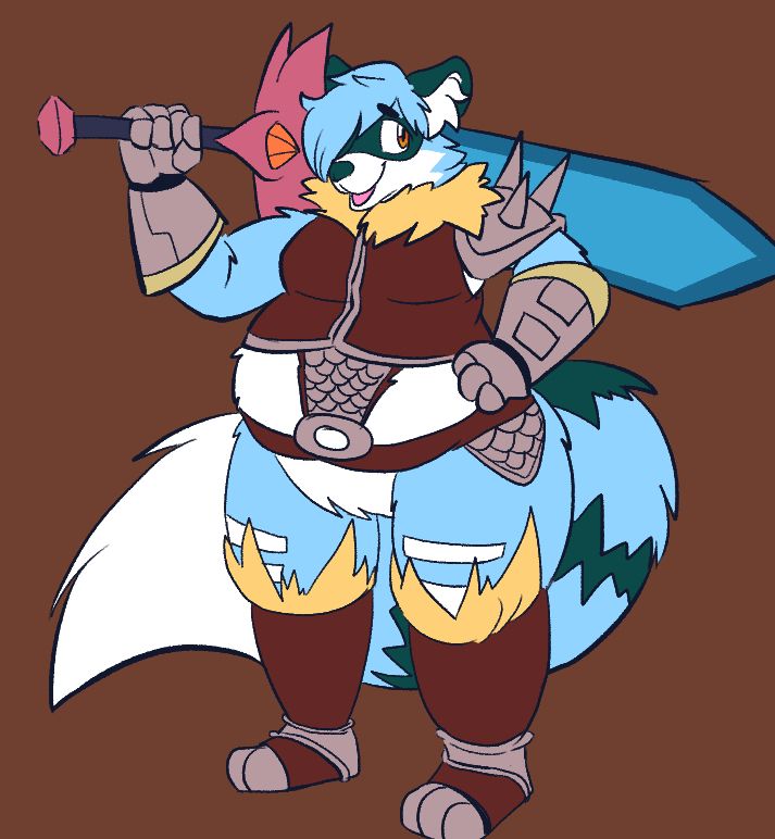 Marco, a big light blue, dark turquoise, and white raccoon in barbarian armor holding a giant sword