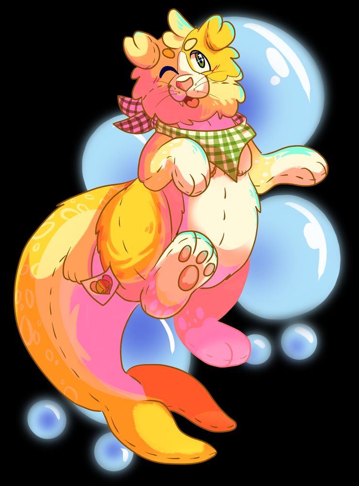 A orange-ish yellow seal dog plushie posing in front of some bubbles