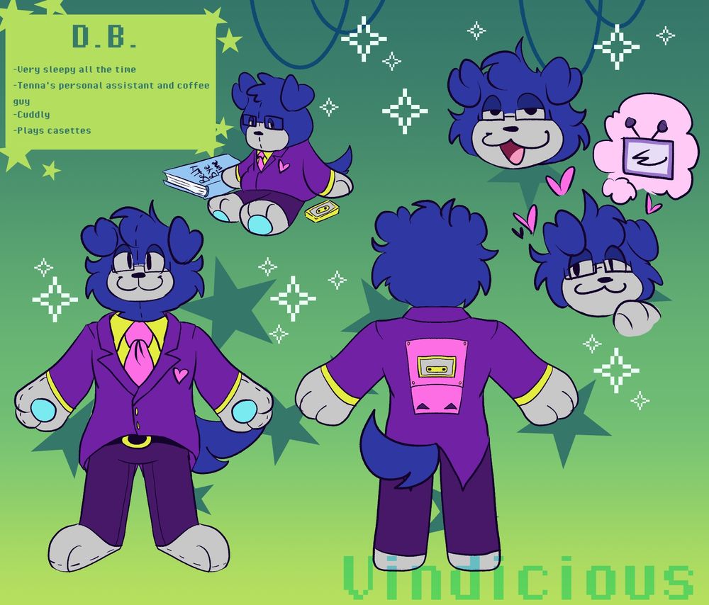 Reference sheet of a blue and white plushie dog with glasses and a purple suit
