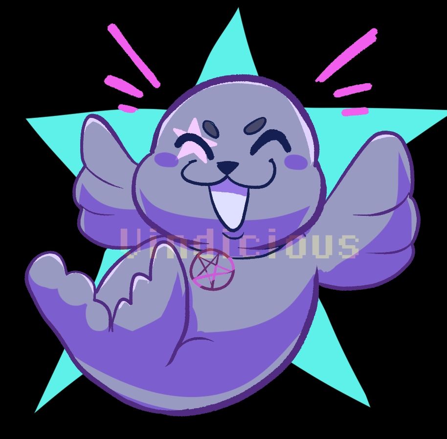 A seal wearing a pentagram symbol necklace and a star tattoo on their eye excitedly posing for the camera