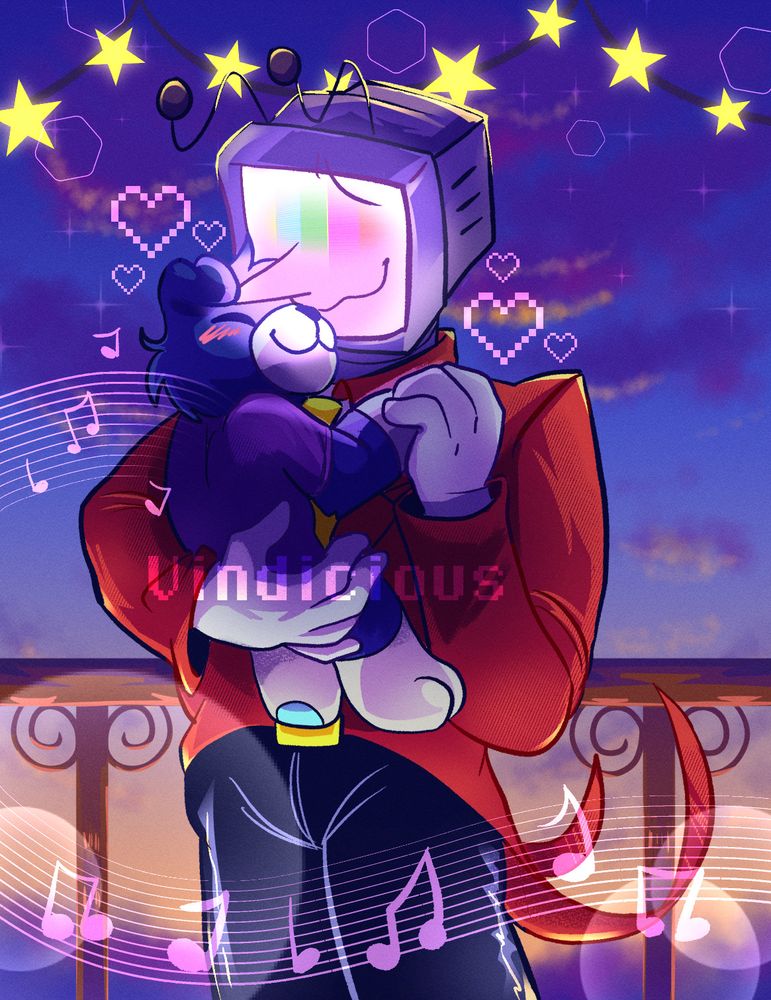 Tenna from Deltarune holding my self insert, D.B. in a loving way in front of a twilight sky in front of balcony railings. D.B. is playing Somethin' Stupid by Frank Sinatra in his tape recorder back.