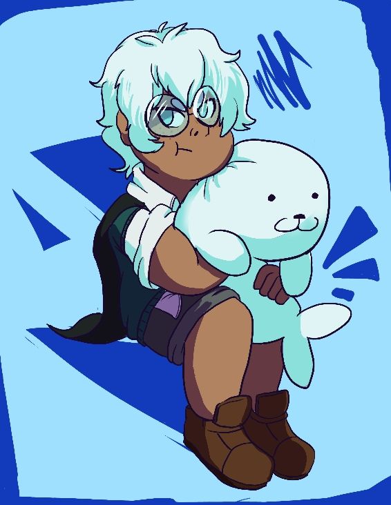 Drawing of a young boy with glasses and white hair holding a giant seal plush