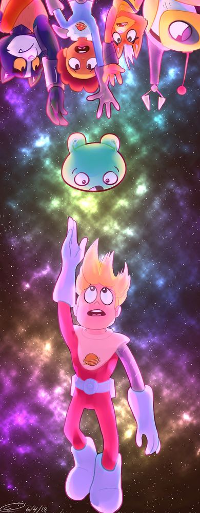Gary goodspeed reaching out to mooncake, avacato, Quinn, little Cato, and KVN in a space background