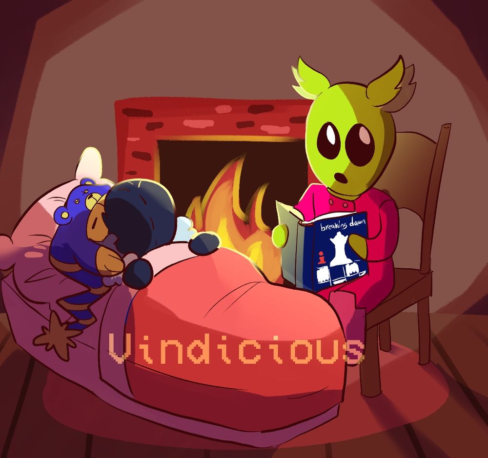 Little green alien named Xener reading Breaking Dawn to my yoshi Oc, Tobi