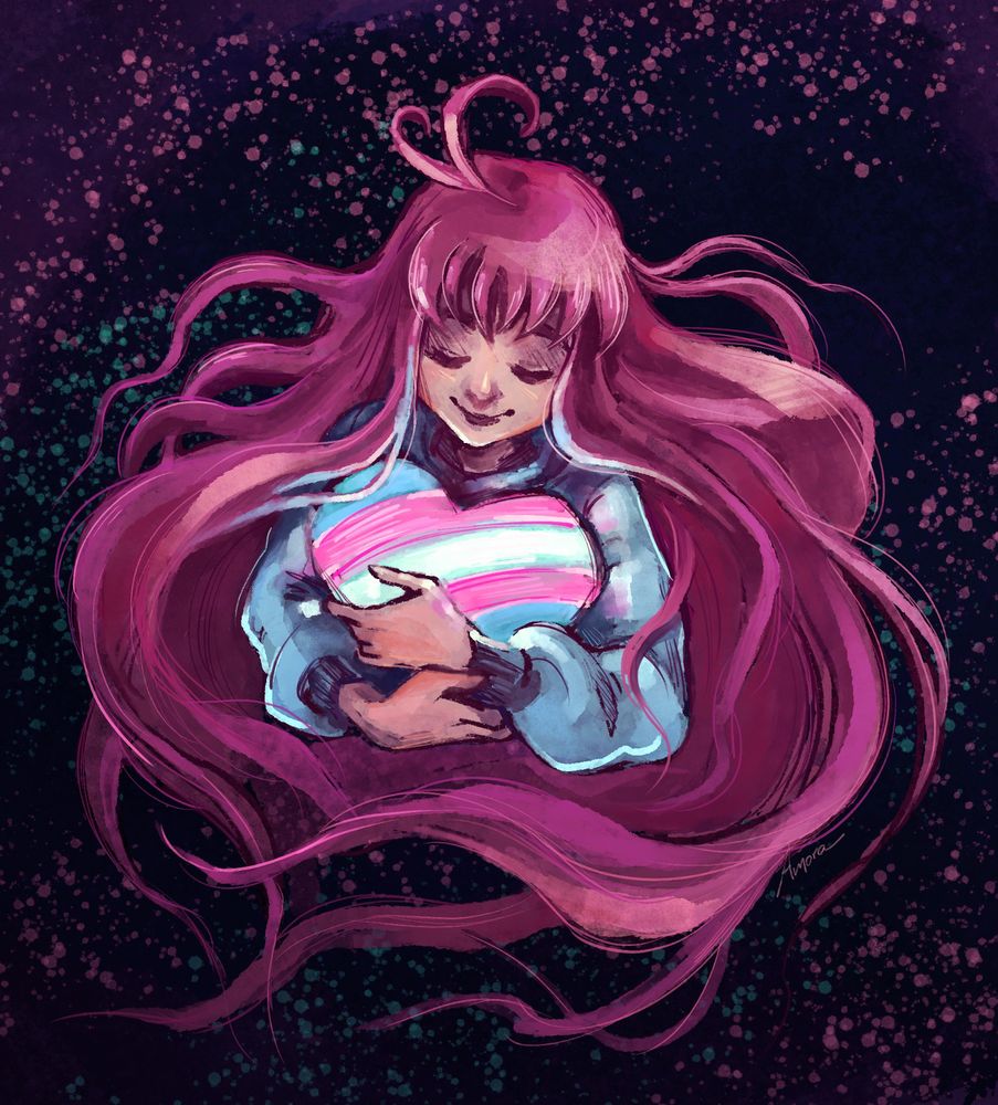 Girl with pink hair (Madeline from the game Celeste) holding a heart with blue, pink, and white stripes (the trans flag).