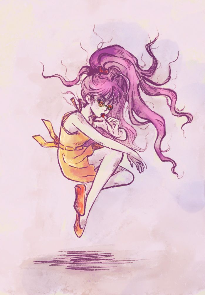 Badeline from the game Celeste - floating with her legs crossed, her purple hair flowing around her. She's holding a lollipop and wearing a yellow summer dress.