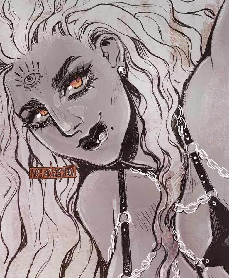 A drawing of a woman with big hair and red eyes, wearing dark makeup