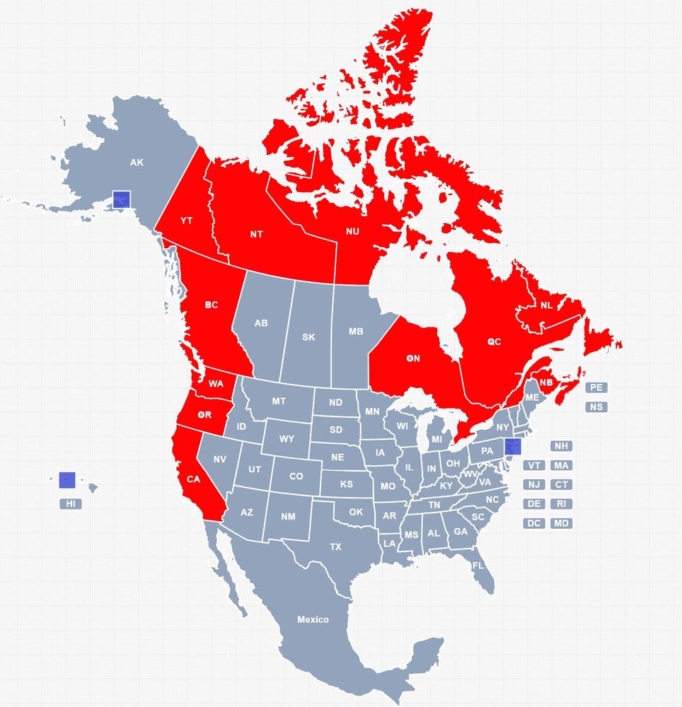 A conceptual redrawing of Canada without AB, SK and MB but with Washington, Oregon and Cali. 