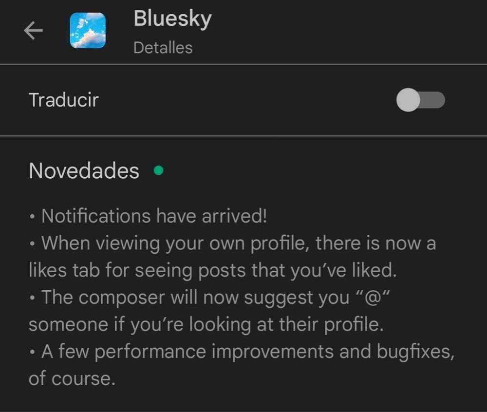 Anuncio de la nueva función de notificaciones para Bluesky en la actualización disponible en Google Play.