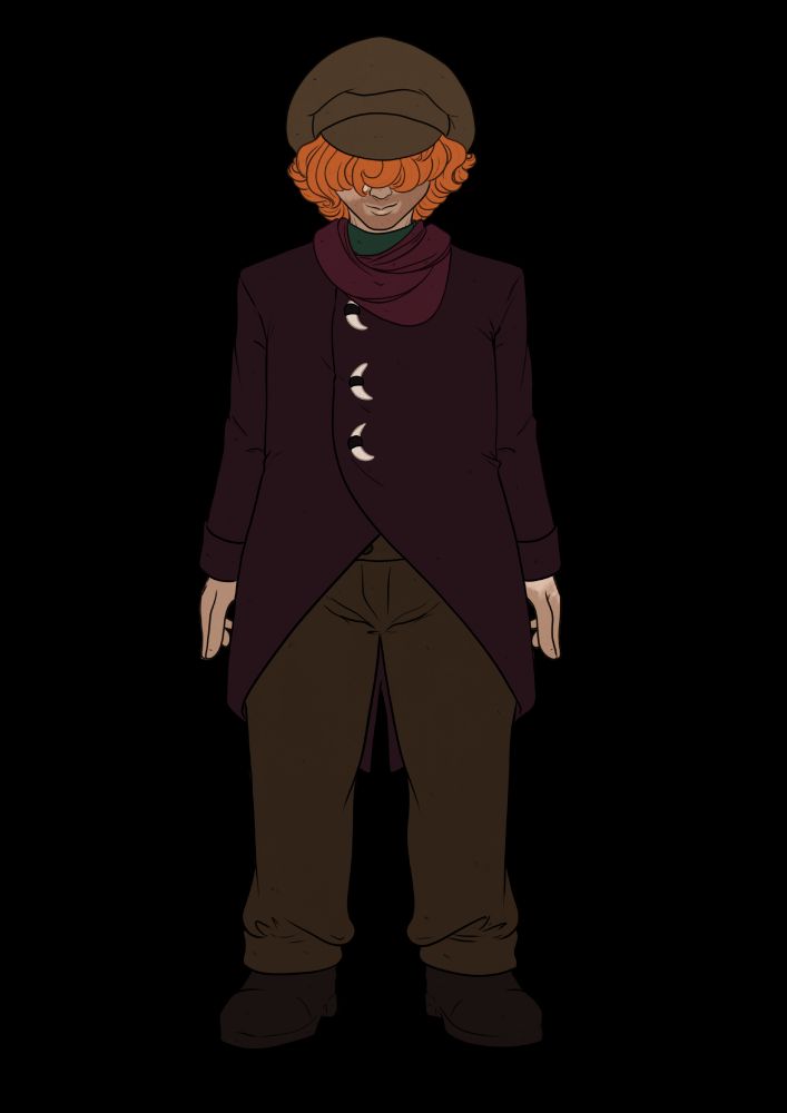 A fullboyd illustration of my oc Kasha in his outdoor clothes. A large wine red coat is covering most of his chest. Besides that he's wearing brown trousers and a wine red scarf along with a brown leather cap upon his head. the cap is too big and has slid down very far upon his head. 