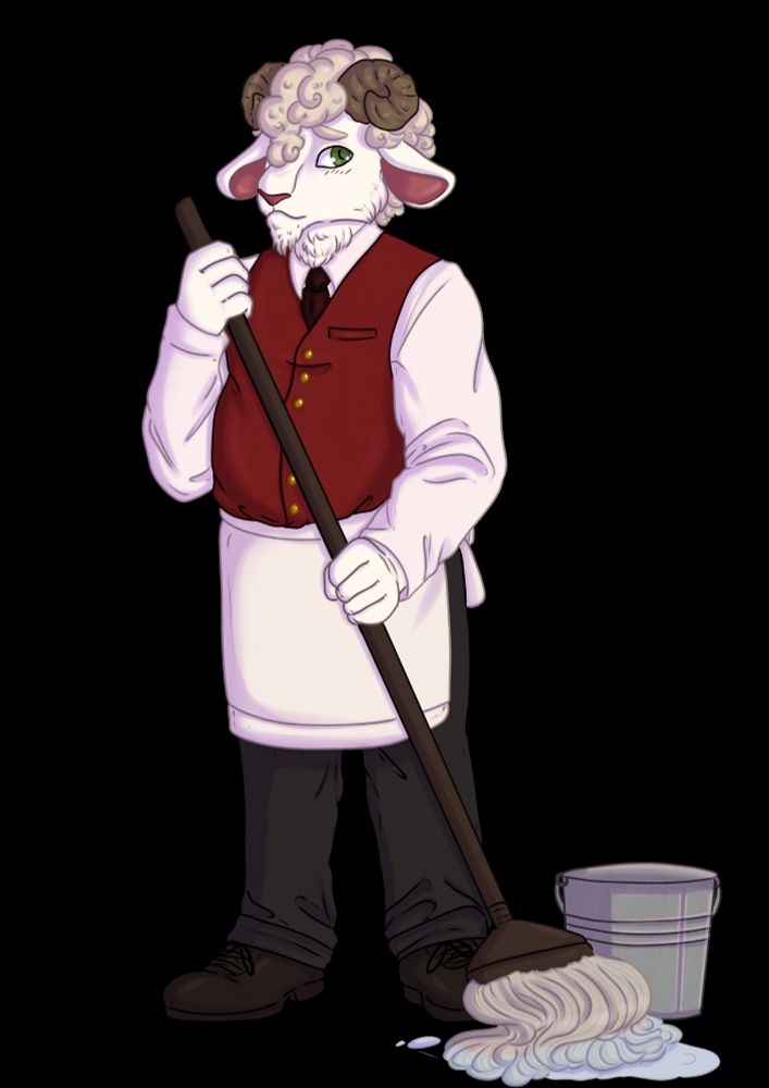 An illustration of an anthro goat. He's wearing a uniform consisting of a white shirt, red waistcoat and dark pants. He's holding a mop and standing next to a bucket. 