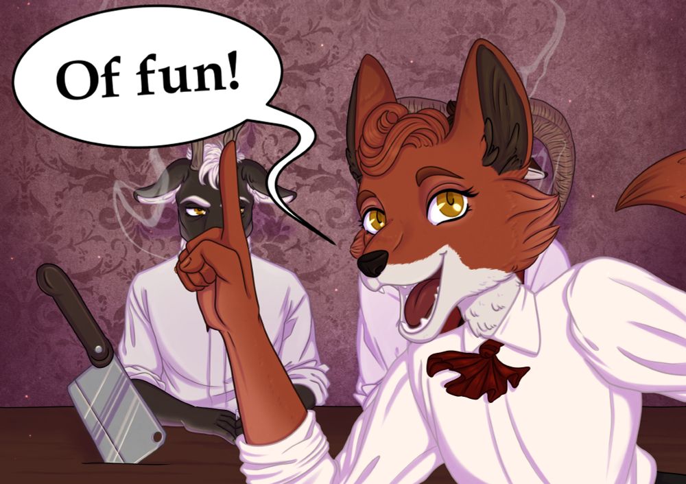 The image depict a cheerful looking anthro fox in the foreground, covering the anthro deer and anthro goat in the background. Her fingers raised as she interjects with a "of fun!". 