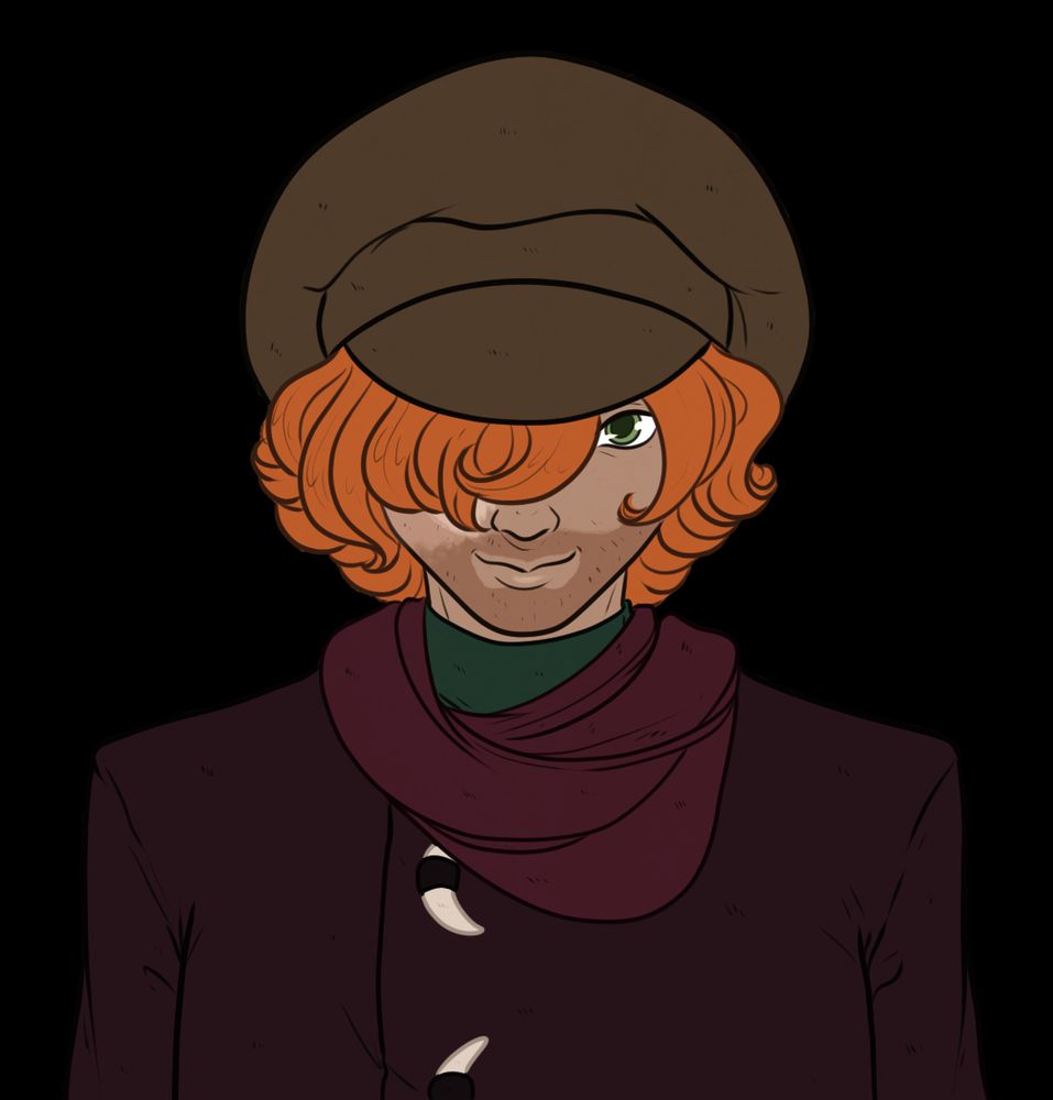 A portrait of my oc Kasha. He has bright orange hair and is dressed in a large coat with a wine red scarf and a brown leather hat upon his head. The hat is clearly too large and has slid down pretty far. Only one of his green eyes are visible. 